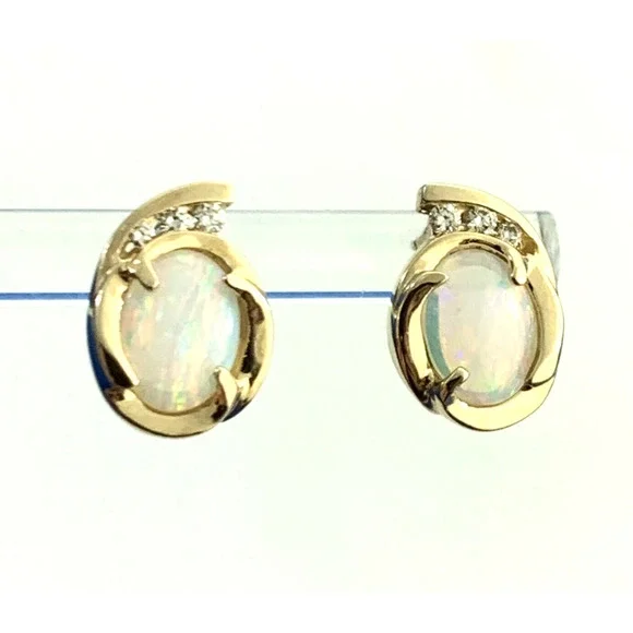 Designer 14K Yellow Gold Oval Opal Diamond Accented Stud Earrings